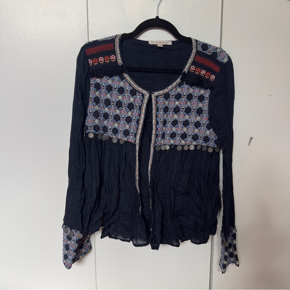 ✨5 for $25✨Zara Boho Embroidered Blouse with Coin Detail | Black Sheer Folk Top